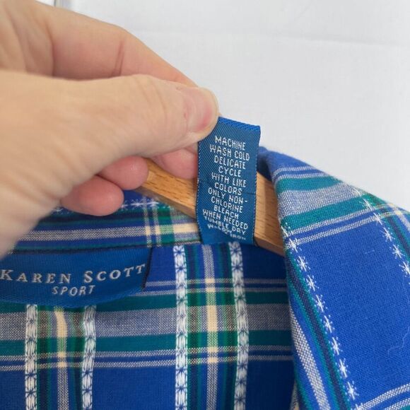 Karen Scott Sport Blue Plaid Snowman Motif Cotton Button Front Shirt Size Large - Picture 7 of 8